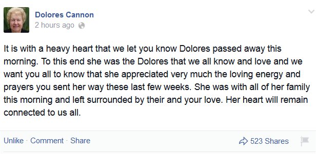 It is with a heavy heart that we let you know Dolores passed away this morning. To this end she was the Dolores that we all know and love and we want you all to know that she appreciated very much the loving energy and prayers you sent her way these last few weeks. She was with all of her family this morning and left surrounded by their and your love. Her heart will remain connected to us all.