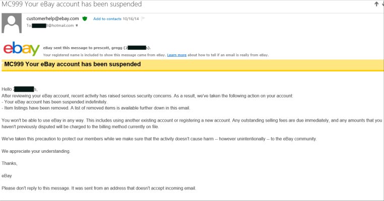 Your account was suspended because it exhibits a risk to eBay and to its community. As eBay is an internet-based business, and its members are our customers, we have to carefully weigh the risks involved with allowing users on our site. From time to time, we find accounts which have a risk that no longer justifies a continuing relationship with eBay. When that happens we suspend these accounts and they are no longer able to be used for buying or selling.