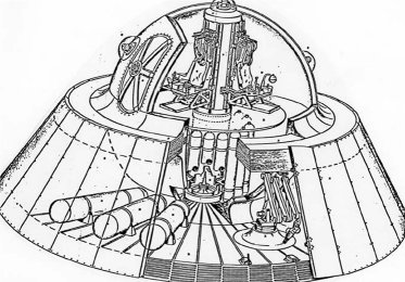 This is a cutaway illustration of the backward engineered "Alien Reproduction Vehicle," or "Fluxliner," as it is sometimes called. The crew compartment is a composite sphere surrounded by a large coil of copper-colored wire embedded in a greenish, glass-like material. The central column holds the secondary windings of this very large Tesla Coil device. The base of the vehicle is about 7.3 meters in diameter and is made up of 48 individual asymmetric plate capacitor sections, each having eight plates. By varying the amount of electricity pulsed at each section from the central column, and exploiting the Biefield Brown Effect, maneuvering control can be achieved.